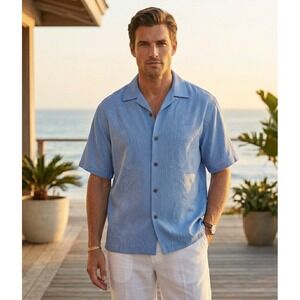 Tommy Bahama Shirt Mens Large Blue Silk Floral Jacquard Relaxed Fit Camp S/S